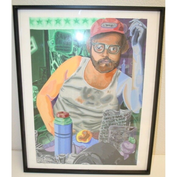 Original Painting POP ART Framed TONY Mechanic Shop Vintage Abstract Acrylic Fun
